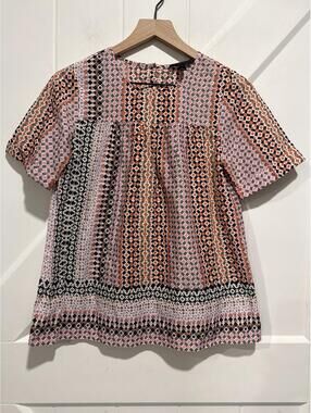 J.Crew Women's Cotton Geometric Patterned Short Sleeve Cotton Blouse, Size 4